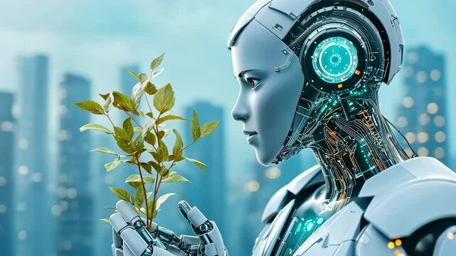 The Future of Life: A humanoid robot holds a small plant, its advanced mechanical body contrasted with the delicate greenery. Against a backdrop of a futuristic cityscape.