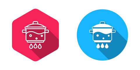 Filled and outline Cooking pot on fire icon isolated with long shadow background. Boil or stew food symbol. Vector