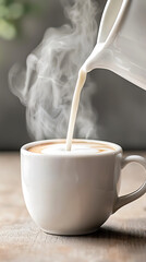 barista pours steamed milk into coffee cup, creating beautiful latte art. steam rises, enhancing cozy atmosphere