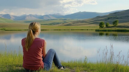 Fototapeta premium A Peaceful Moment: Woman Contemplating the Serene Mountain Lake Landscape