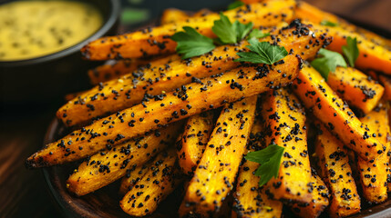 Delicious seasoned sweet potato fries seasoned with black pepper and herbs, served with a creamy dipping sauce.  Perfect for a healthy and tasty meal.
