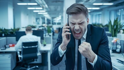 Angry Businessman Yelling on Phone Frustrated Office Worker Stressful Business Deal Conflict Negotiation Problem Solving Corporate Crisis Management Difficult Conversation Serious Business Meeting    