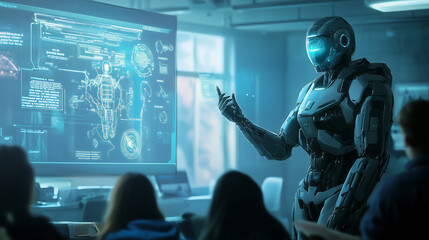 Obraz premium A futuristic robot professor giving a lecture at a university, holographic diagrams floating in the air as students take notes. 