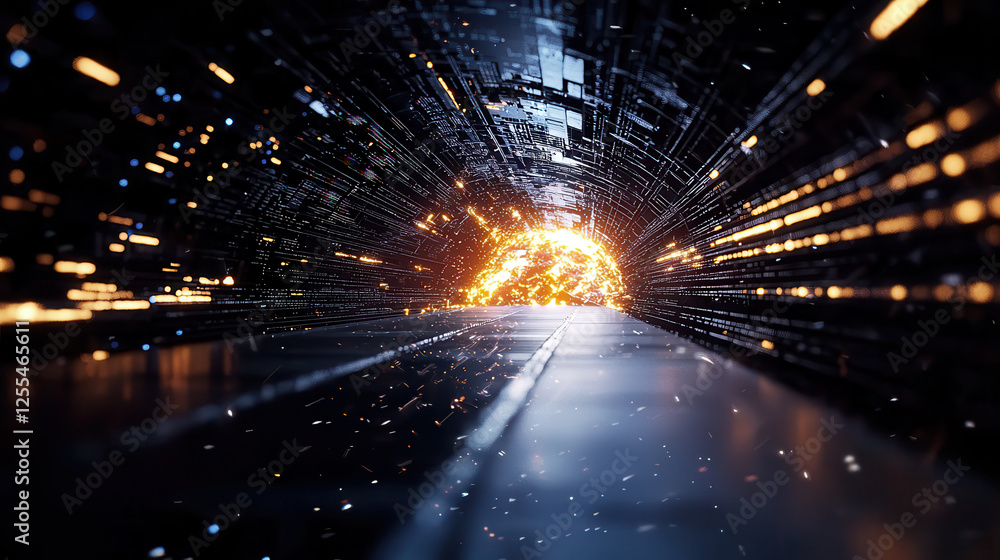 Poster futuristic digital tunnel with glowing particles and light effects, creating sense of motion and dep