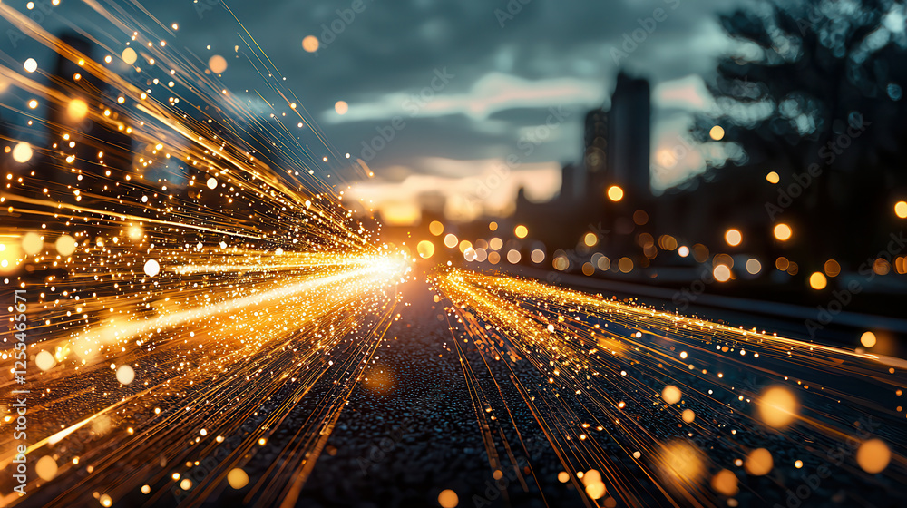 Poster vibrant scene showcasing dynamic light trails and glowing particles, creating sense of motion and en