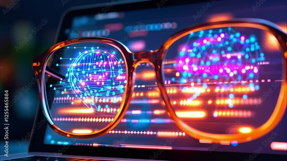 Poster a pair of glasses reflecting digital data visuals, placed on a laptop displaying abstract informatio
