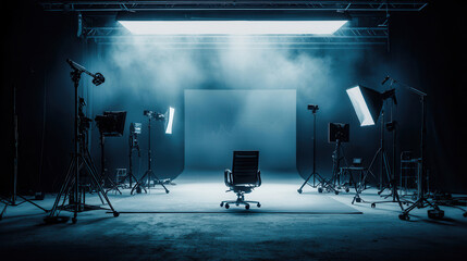 modern studio setup featuring single chair surrounded by professional lighting and camera equipment, creating dramatic atmosphere