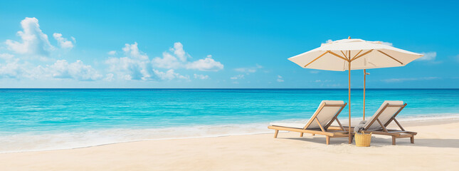 Fototapeta premium Relaxing beach scene with two sun loungers and large umbrella, perfect for enjoying clear blue ocean and soft sandy shore. tranquil getaway awaits