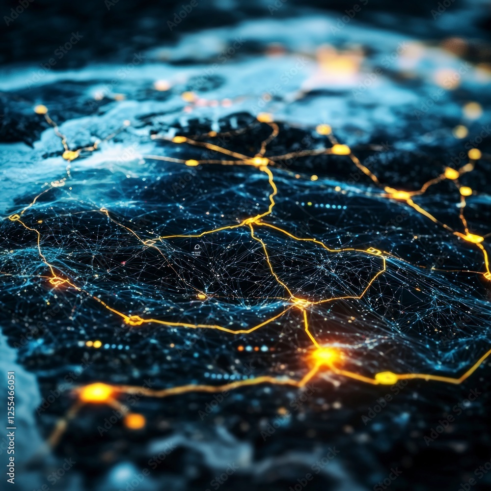 Poster global network connections visualization: dark blue and gold illuminated nodes and lines