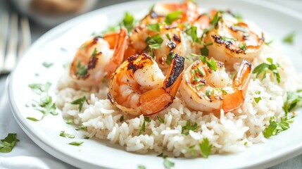 Plate of rice topped with grilled shrimp and fresh herbs in a contemporary dish with light sauce. Highlighting combination and presentation for gourmet dining and seafood recipes with vibrant colors.