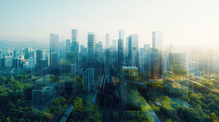 visionary sustainable smart cityscape with green spaces and modern architecture, showcasing innovation and harmony with nature