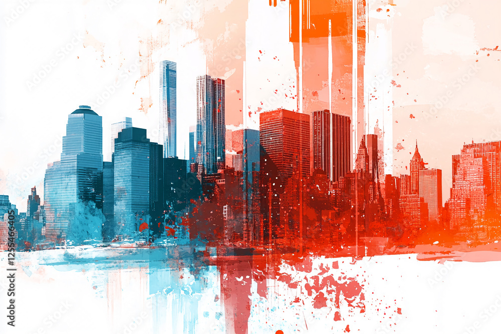 Poster Abstract artistic rendering of a city skyline with splashes of red and blue paint highlighting modern skyscrapers. Represents urban energy, creativity, and city life.