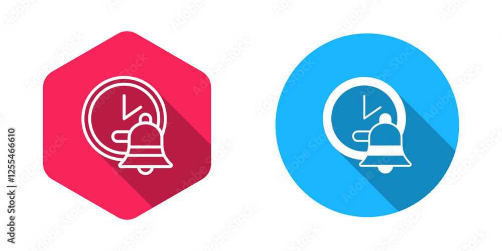 Poster filled and outline alarm clock icon isolated with long shadow background. wake up, get up concept. t