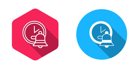 Filled and outline Alarm clock icon isolated with long shadow background. Wake up, get up concept. Time sign. Vector