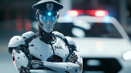 Fototapeta premium Humanoid robot android in police uniform and cap against the background of a police car stands with arms crossed on his chest