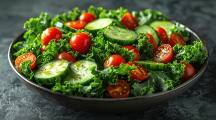 A fresh green salad with kale, cherry tomatoes, cucumbers, and a light dressing, highly detailed