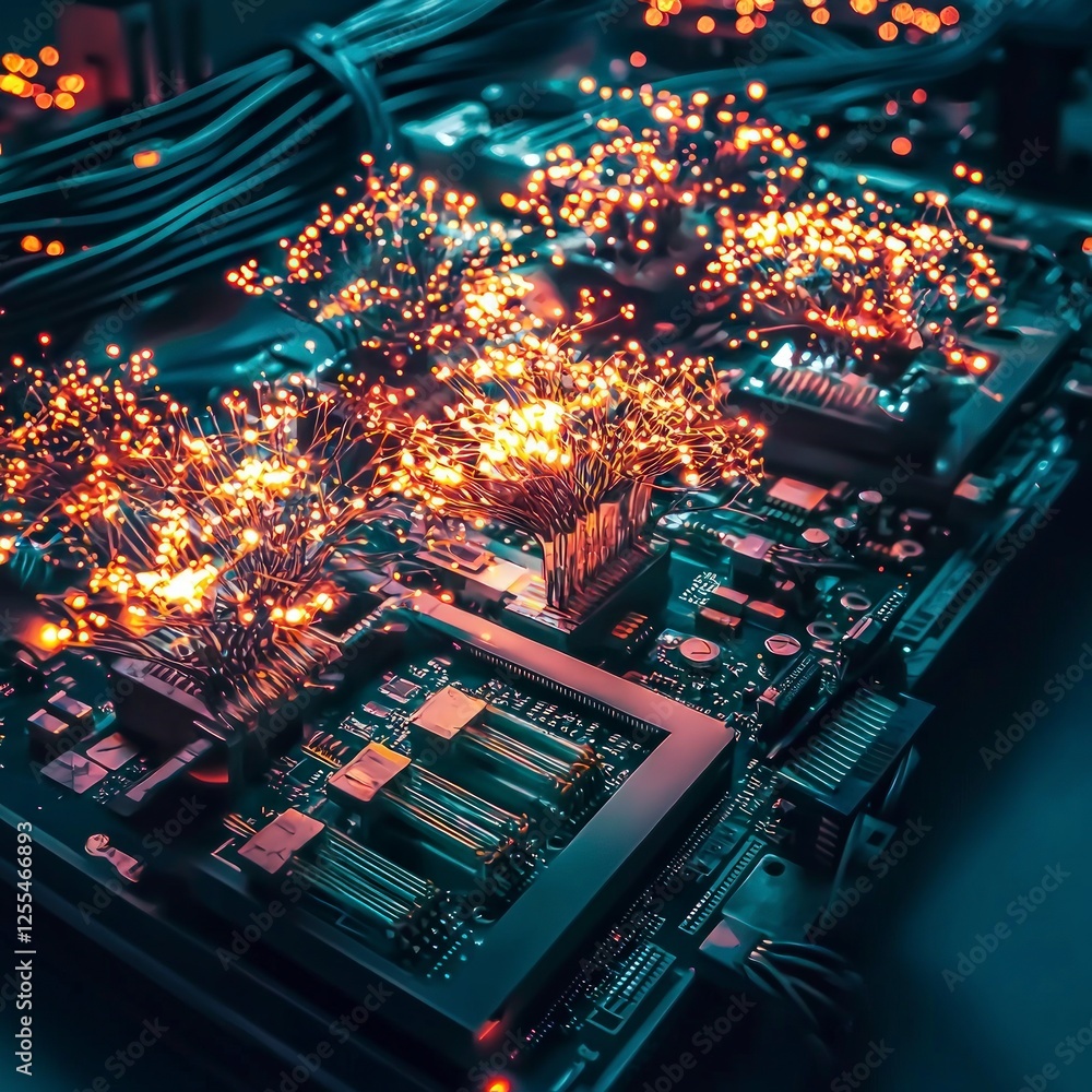 Poster glowing circuit board with sparkling energy streams