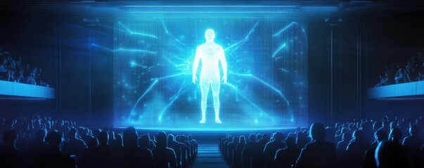 Fototapeta premium Futuristic hologram presentation in a packed auditorium with blue lighting effects