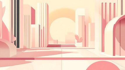 Pastel Pink Cityscape Architectural Render with Sun