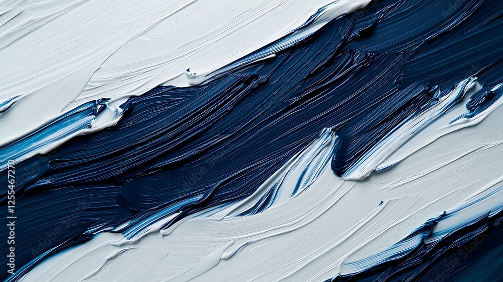 Poster a close-up view of textured paint strokes in navy blue and white, creating a dynamic and abstract vi