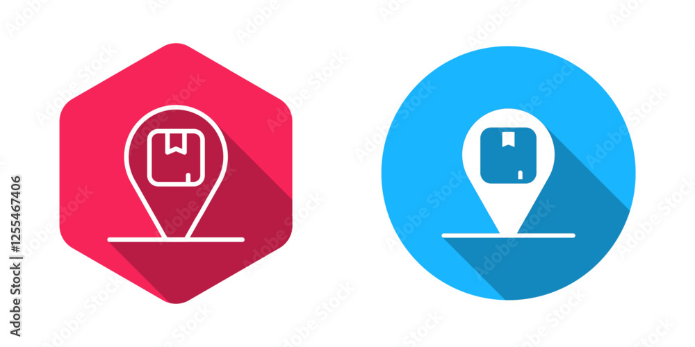 Poster filled and outline location with cardboard box icon isolated with long shadow background. delivery s
