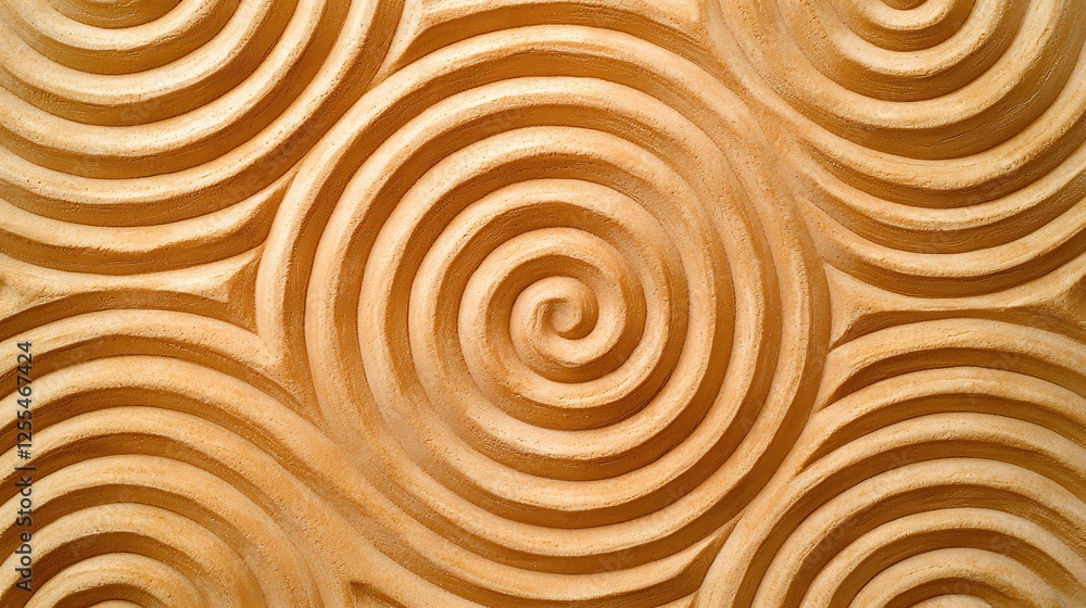 Poster a textured wooden surface featuring intricate spirals in a warm, natural tone, creating a visually a