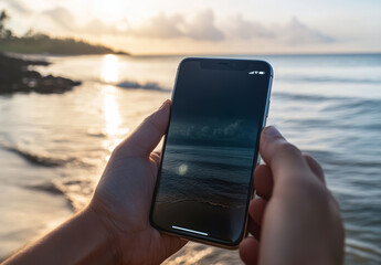 Person Holding Smartphone with Beach Reflection at Sunset in Scenic Setting