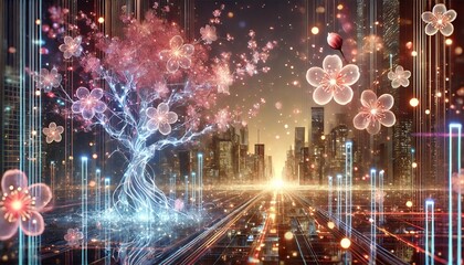 Fototapeta premium A Dreamy Futuristic City with Digital Sakura Trees and Holographic Petals in Pastel Tones
