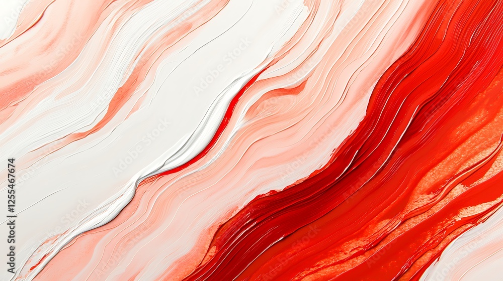 Poster a vibrant abstract artwork featuring fluid red and white waves, creating a dynamic and energetic vis
