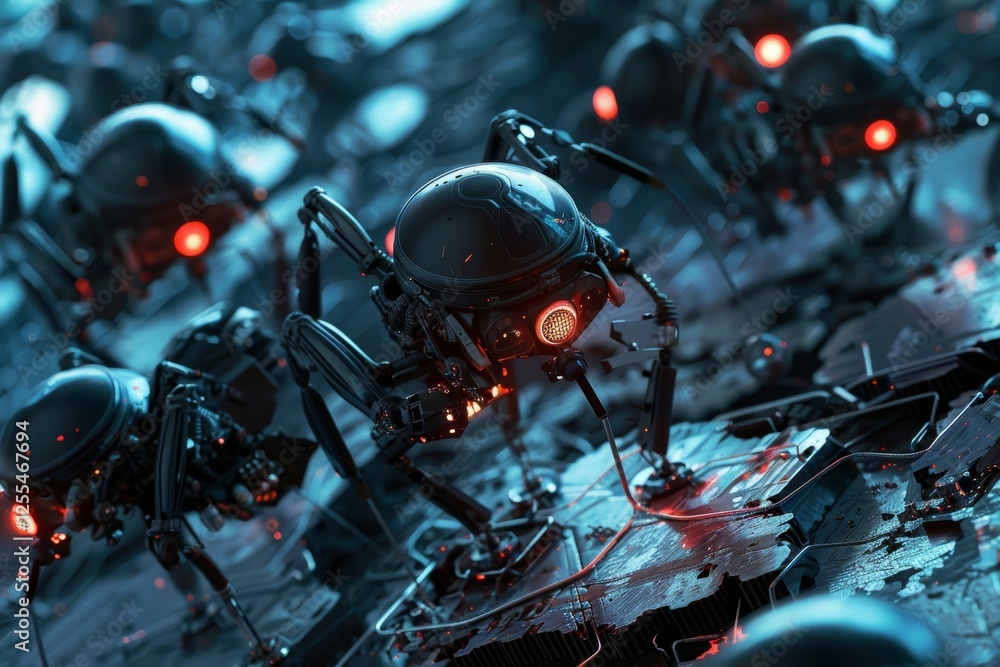 Poster robots engaged in intricate manufacturing tasks within a futuristic workshop environment during a vi