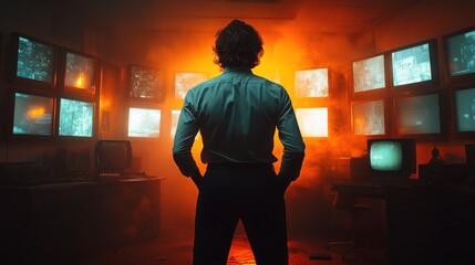 Man in a smoky room facing multiple screens displaying surveillance footage.