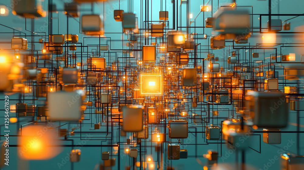Poster futuristic digital network with glowing cubes and interconnected lines, creating vibrant tech atmosp
