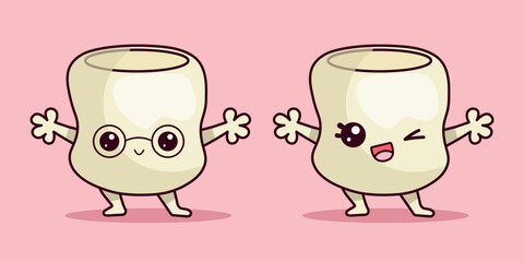 Two cute marshmallows in kawaii style.Food character vector illustration