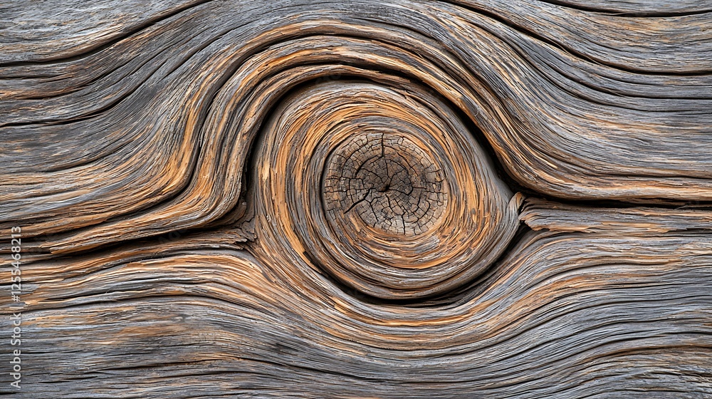 Poster a close-up view of textured wood, showcasing intricate grain patterns and a distinct knot, highlight
