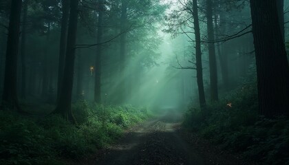 Obraz premium Ethereal Path, Sunlight Through Misty Forest Canopy, A Tranquil Scene