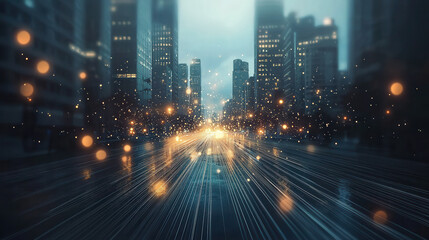 Fototapeta premium vibrant cityscape at night, showcasing illuminated buildings and light trails