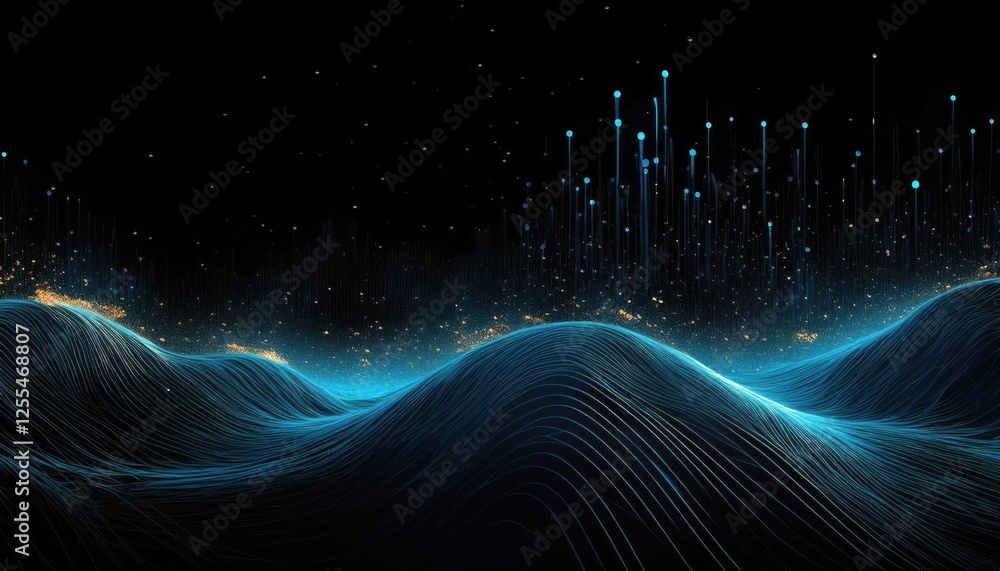 Aufkleber digital waveforms with glowing particles and abstract mountain peaks, glowing neon blue lines and data points
