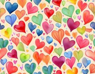 Fototapeta premium seamless pattern with colorful scattered hearts symbol for valentine day delicate watercolor isolated background for background wrapping paper or cover