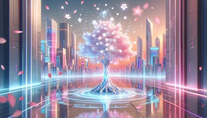A breathtaking illustration of a futuristic cityscape with a glowing holographic cherry blossom tree surrounded by reflective glass and soft pastel neon lights