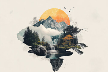 Artistic collage depiction of a serene mountain scenery featuring a bright orange sun, trees, and a cascading waterfall. white background