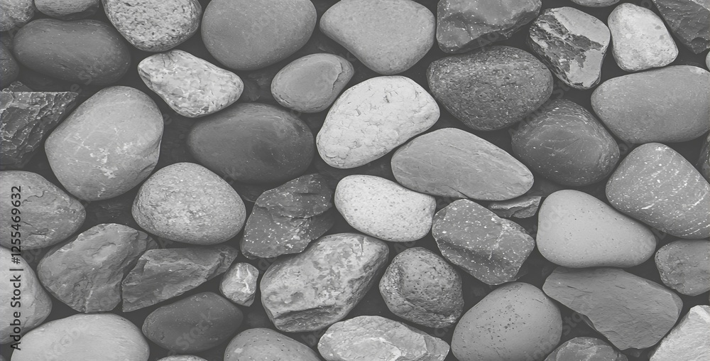 Poster a close-up view of assorted smooth stones, featuring various shapes and shades of gray, creating a n