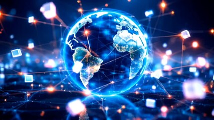 Futuristic digital earth with blockchain cubes floating around interconnected data network. Technology concept - Powered by Adobe