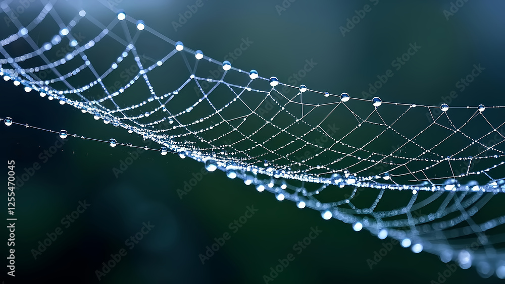 Wall mural the transformation of a spider web as dewdrops illuminate its intricate design.