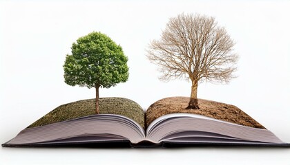open book with live and dead tree isolated on white background global warming or climate change concepts