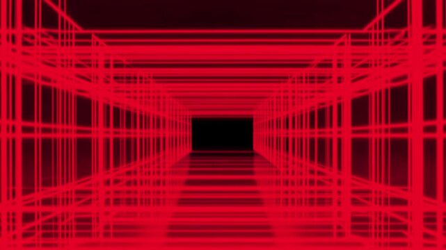A tunnel of red grid lines, representing a futuristic abstract digital concept background.