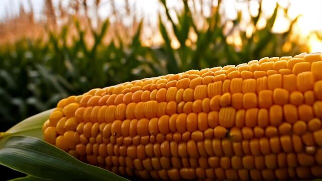 A closeup of fresh yellow corn on the cob with green husk and leaves