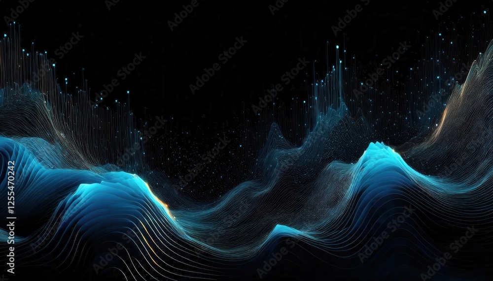 Poster digital waveforms with glowing particles and abstract mountain peaks, glowing neon blue lines and data points