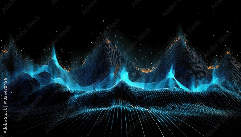 Aufkleber digital waveforms with glowing particles and abstract mountain peaks, glowing neon blue lines and da
