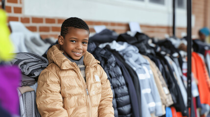 Boy in a warm jacket smiling near a street clothing rack with winter coats. Scene of charity or outdoor market.