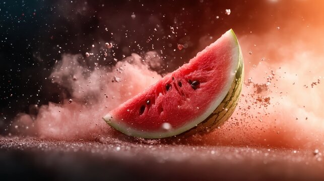 A vibrant slice of watermelon is dramatically captured while exploding in a burst of colorful dust and sparks, embodying freshness and vitality in an artistic manner.